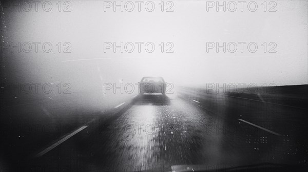 Rain streaks the rear window of a car driving along a wet road, captured in black and white, AI generated