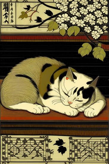 Sleeping cat depicted in a calm traditional Japanese ukiyo-e style, vertical aspect, AI generated