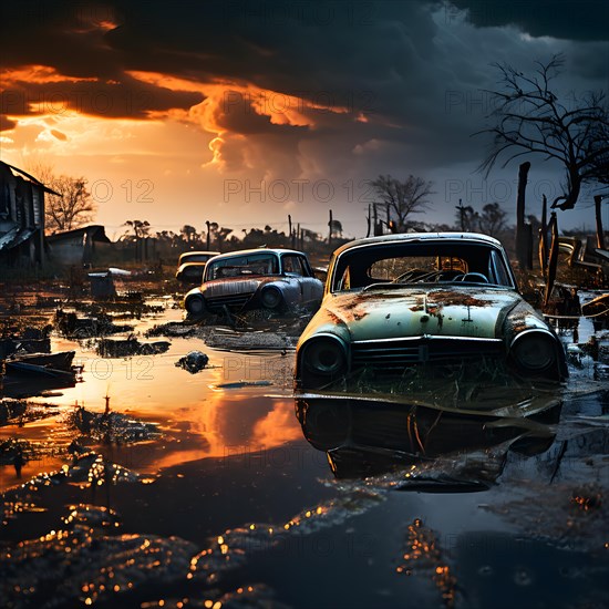 Abandoned cars half submerged in a flooded city street, AI generated