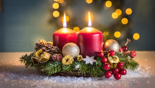 Ai generated, Advent wreath with burning candles, Christmas time, Christmas decoration, Second Advent, 2nd Advent