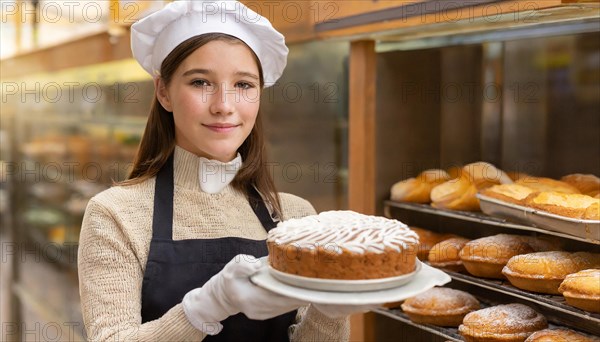 Ai generated, woman, 20, 25, years, shows, bakery, bakery shop, baquette, white bread, France, Paris, cake, biscuits, Europe