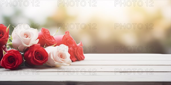 Red and white rose flowers on wooden table with empty background. KI generiert, generiert AI generated