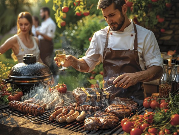 Barbecue party, guests with glasses in their hands stand around a chef who is grilling sausages and steaks, AI generated