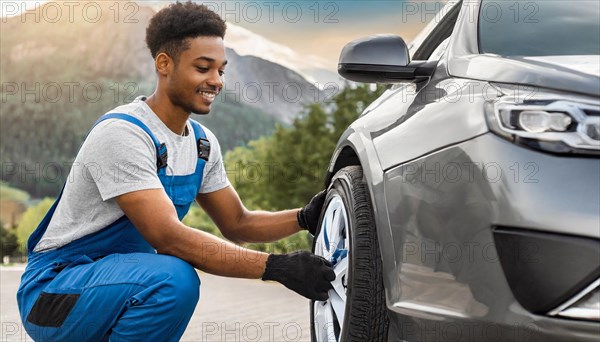 AI generated, A mechanic changes the tyres on a customer's car, tyre fitting, silver car