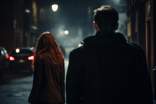 Back view of man walking behind single woman in dark city street at night. Concpet for stalking, crime and sexual assault. KI generiert, generiert AI generated