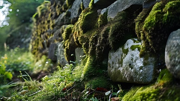 Ancient city wall weathered stones embraced by moss testament to resilience endurance through time, AI generated