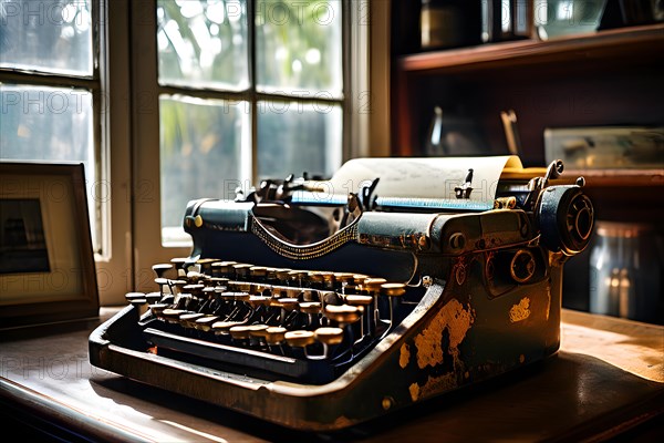 Antique typewriter with peeling paint and rust, AI generated