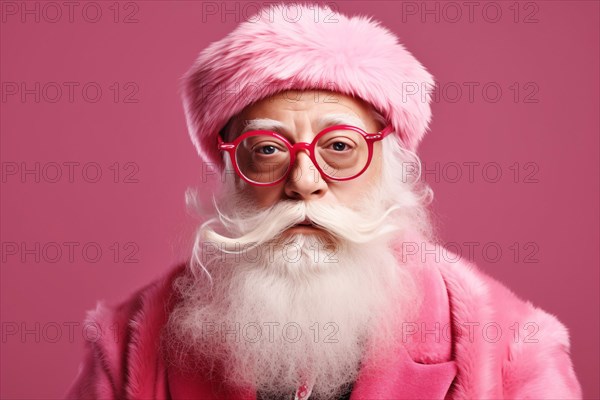 Elderly man with long white beard in modern Santa claus interpretation costume with pink coat, hat and red glasses. KI generiert, generiert AI generated