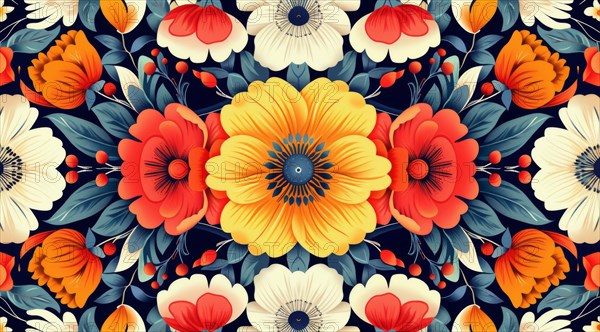 Vibrant symmetrical pattern of colorful flowers in digital art, suitable for decorative wallpaper, ai generated, AI generated