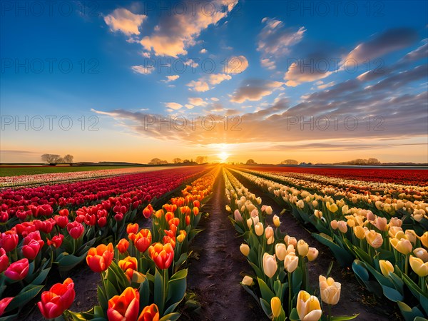 Sunrise illuminates an endless field of multicolored tulips, AI generated