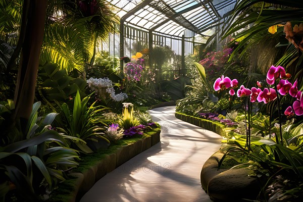 Orchid conservatory path winding enticingly amongst diverse floral species, AI generated