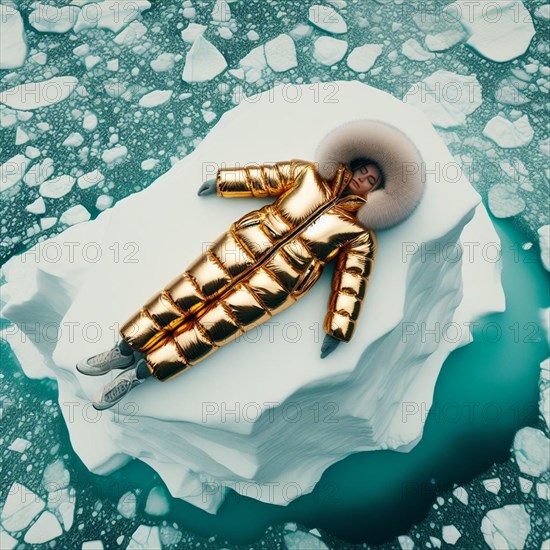 Woman in yellow golden puffer jacket lies on a block of ice alone in the middle of the ocean sea. Environmental issue, climate change agenda, AI generated