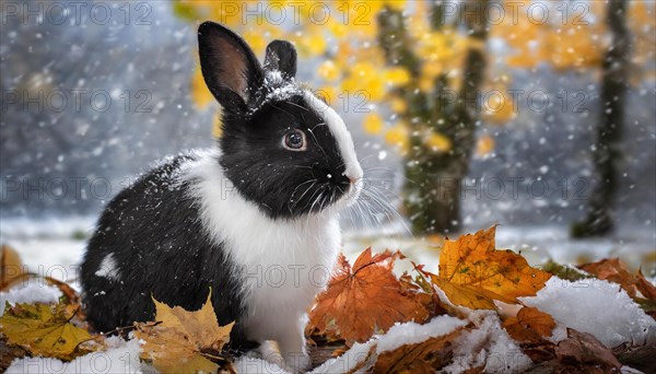 KI generated, A black and white dwarf rabbit in a meadow with autumn leaves, onset of winter, ice, snow, winter, side view, (Brachylagus idahoensis)