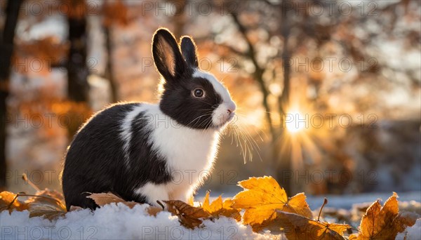 KI generated, A black and white dwarf rabbit in a meadow with autumn leaves, onset of winter, ice, snow, winter, side view, (Brachylagus idahoensis)