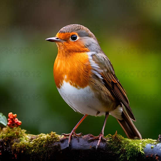 European robin perched on a thin branch, AI generated