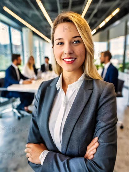 Self-confident woman with blonde hair stands with crossed arms in the office, Professional businesswoman, young managing director of a company, AI generated, AI generated