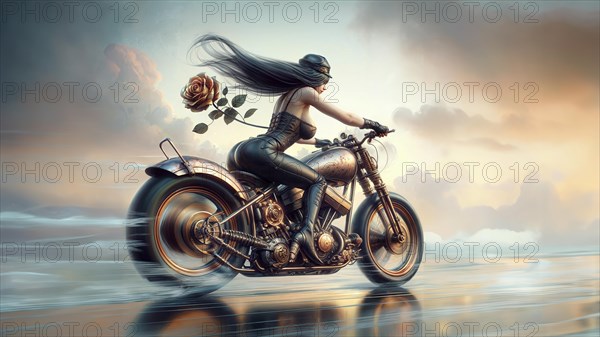 A stylized image of a woman riding a motorcycle by the ocean at sunset, conveying a sense of freedom, AI generated