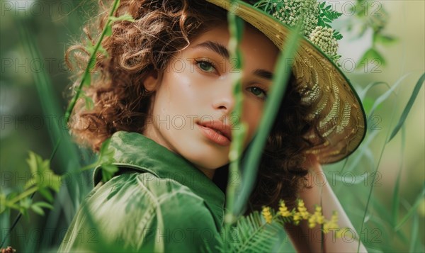 Portrait of a contemplative woman in a straw hat and green blouse amidst lush greenery AI generated