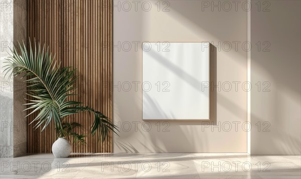 Minimalist modern space with a potted palm, sunlight casting shadows, and an empty frame against wooden slats AI generated