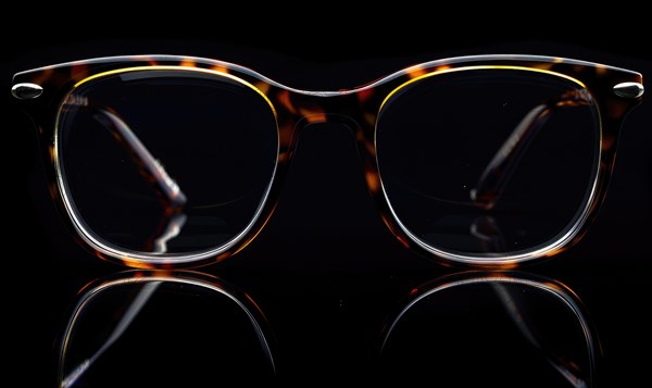 Elegant eyeglasses with tortoiseshell pattern reflecting on a dark surface AI generated