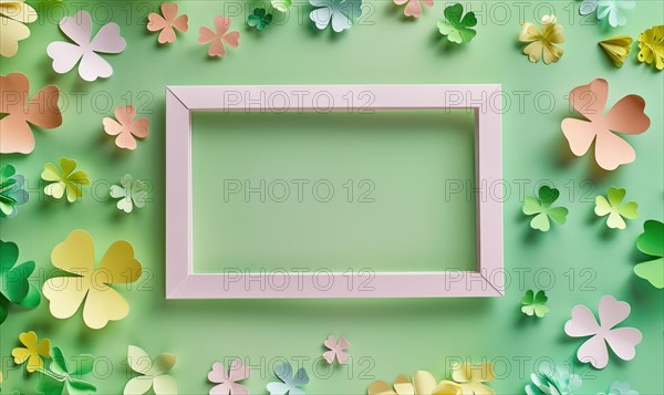 A minimalistic design with a pastel pink frame surrounded by paper cut shamrocks AI generated