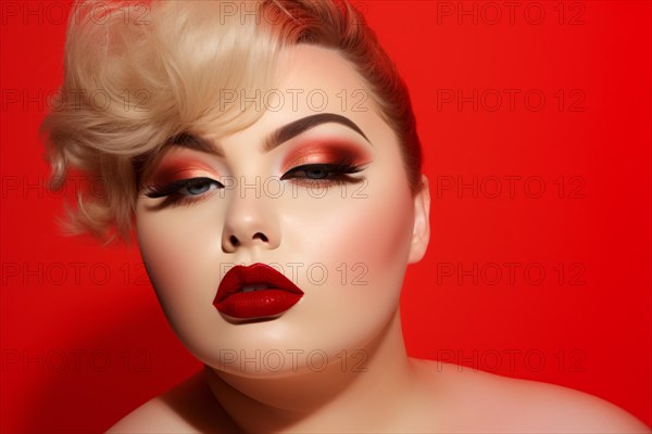 Face of beautiful cury plus size woman with bold glamourous makeup with dark eyeliner, red eyeshadow and bright red lipstick. KI generiert, generiert AI generated