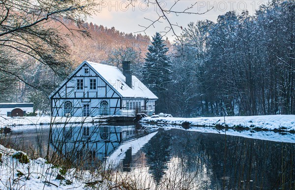 Snow-covered house by a pond, at dusk with trees in the background, Kaeshammer, Gelpe, Elberfeld, Wuppertal North Rhine-Westphalia