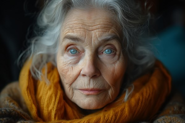 Close-up of an elderly woman with contemplative blue eyes in a golden scarf, AI Generated, AI generated