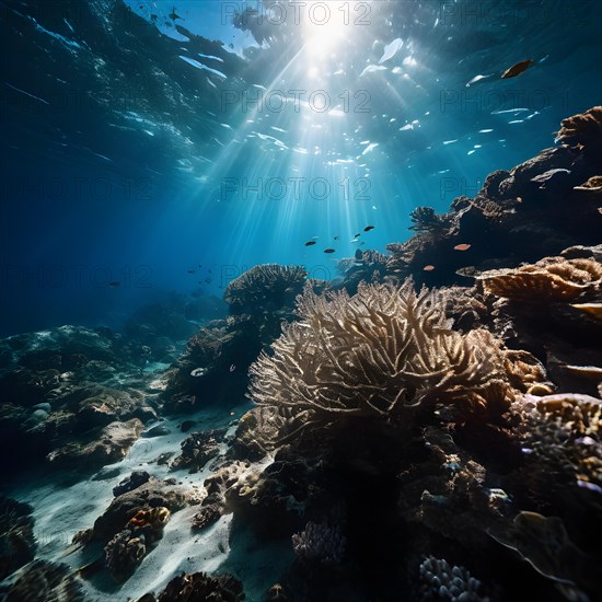 Underwater desolate bleached coral reef marine life absent highlighting coral death impact, AI generated