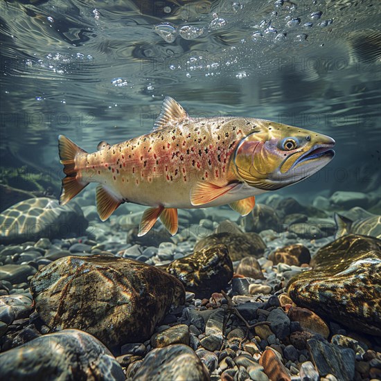 Salmon (Salmo salar) on the migration and swim up a stream in shallow, clear water, ai generiert, AI generated