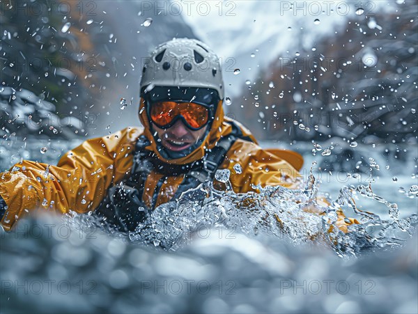 Whitewater riders ride boats through rapids, AI generated