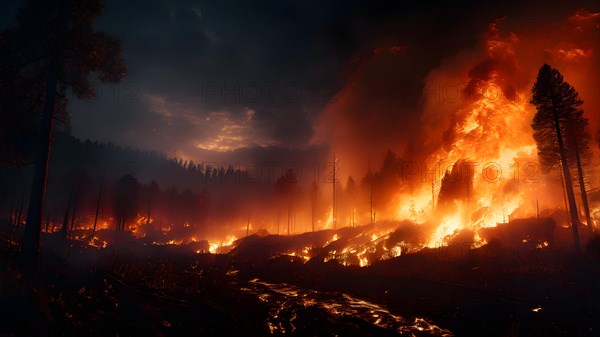 Raging wildfire at night tearing through dense forest sky ablaze with fierce glow, AI generated