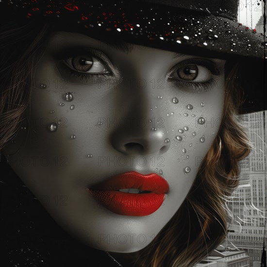 Elegant woman with red lips, water droplets on her face and hat, against black and white backdrop, AI Generated, AI generated