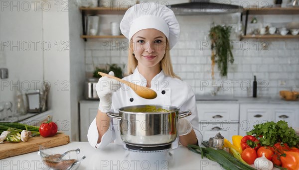 AI generated, An attractive blonde cook in the kitchen of a hotel tastes a vegetable soup