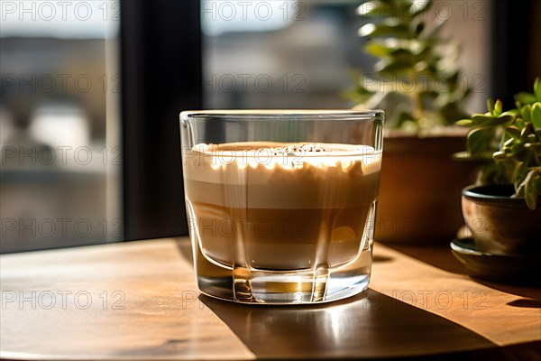 Cortado equal parts espresso and warm milk in a transparent glass cup, AI generated