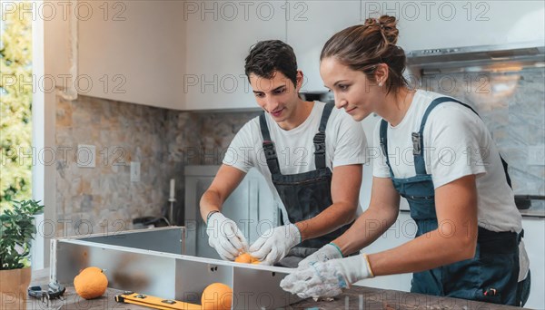 Ki generated, A man and a woman assemble furniture, DIY, wear gloves to protect hands from splinters and an assembly, lots of frustration and hassle, furniture assembly, do it yourself, installing a new kitchen