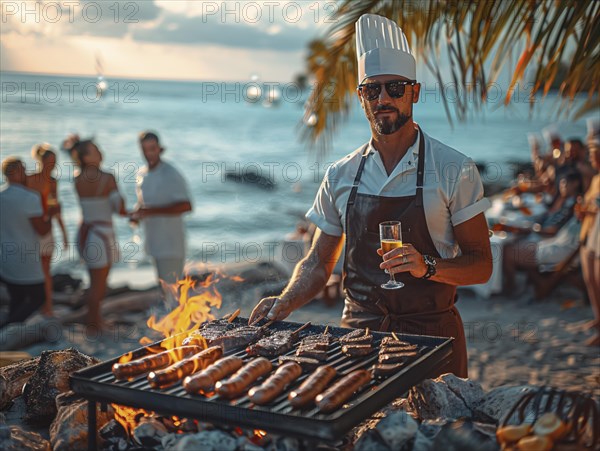 Barbecue party, guests with glasses in their hands stand around a chef who is grilling sausages and steaks, AI generated