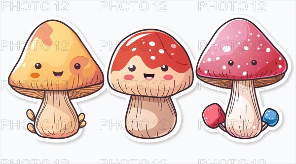 Adorable stickers of cute, smiling kawaii mushroom characters, ai generated, AI generated