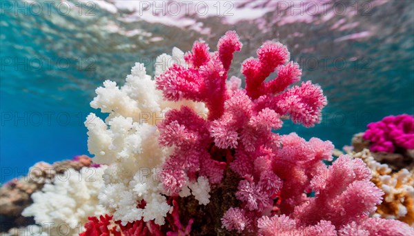 AI generated, red and white corals in the sea, polyps, small marine animals