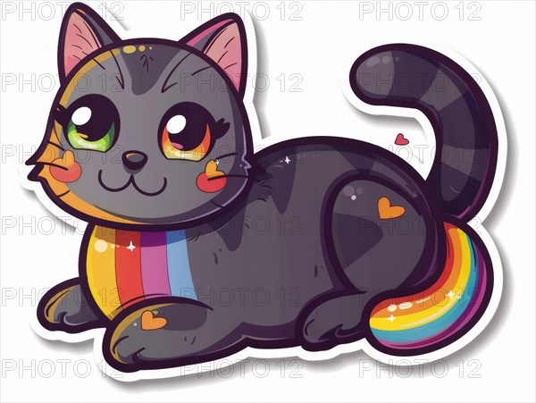 A black cartoon cat with a rainbow scarf and heart accents smiling, ai generated, AI generated