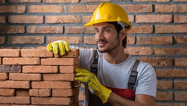 AI generated, A bricklayer inspects a brick wall, 30, 35, years