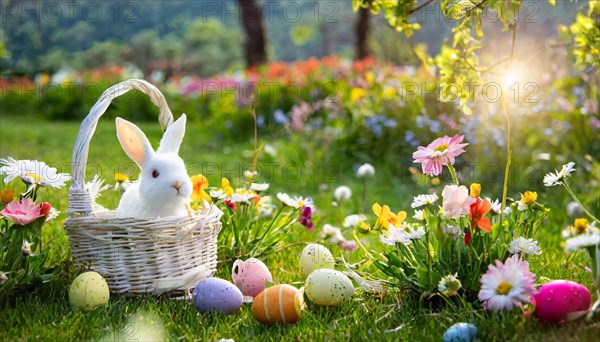 Ai generated, An Easter basket with coloured eggs in a meadow with colourful flowers, in the basket a white rabbit, symbolic picture Easter, animal children, dwarf rabbit