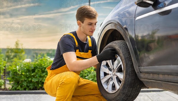 AI generated, A mechanic changes the tyres on a customer's car, Tyre fitting