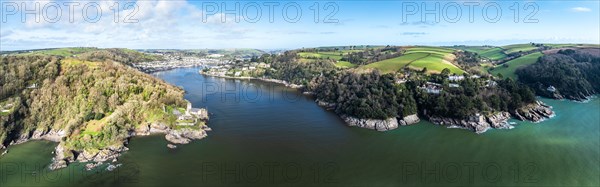 Panorama of Dartmouth Castle and Kingswear Castle over River Dart from a drone, Dartmouth, Kingswear, Devon, England, United Kingdom, Europe