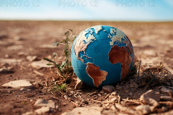Earth globe on dried up earth. Global warming concept. KI generiert, generiert AI generated