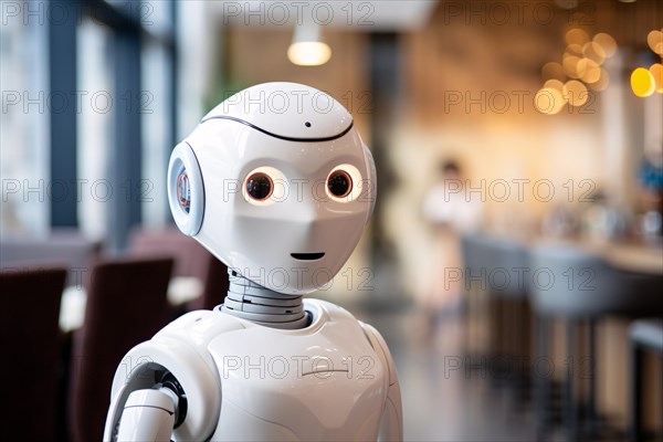 Whire artificial intelligence robot working as waiter in restaurant. KI generiert, generiert AI generated