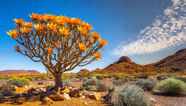 KI generated, Namibia, Namaqualand, blooming desert with camel thorn tree, Africa