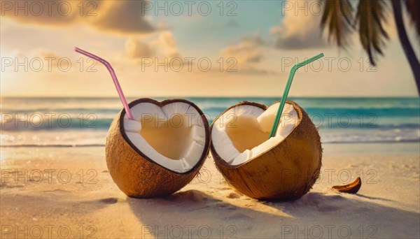 Two heart shaped coconut cocktails on a tropical beach with a view to the sunset above the ocean. Summer vacation seaside, holiday recreation. Exotic love and romance conceptual background. AI generated art