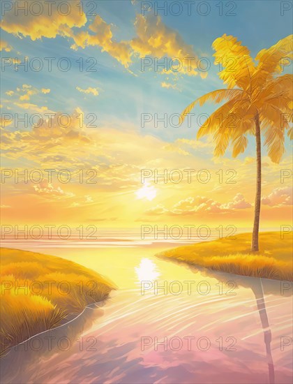 Summertime seaside pastel colors illustration. Summer sunrise scenery on a tropical beach. Sea vacation vibes on an exotic island. AI generated art