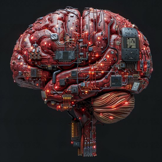 Medical a human head with brain and computer chip, symbol image KI in the human brain, ai generated, AI generated